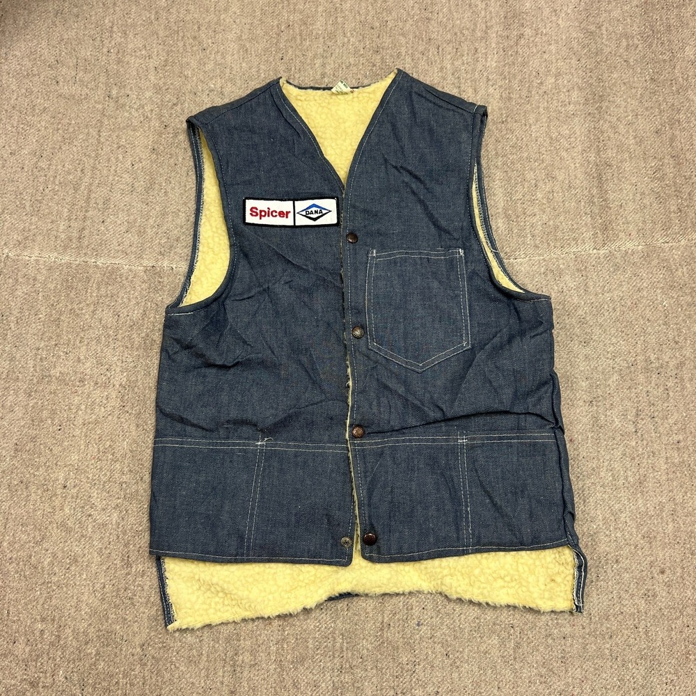 Vintage Sears Denim Vest Mens Small Blue 1970s Fleeced Snap Work Wear